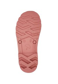 Semelle en caoutchouc de couleur rose clair avec un motif de rainure en zigzag, présentant des bords arrondis et de petits points surélevés pour une meilleure traction. Marquages du fabricant inclus.