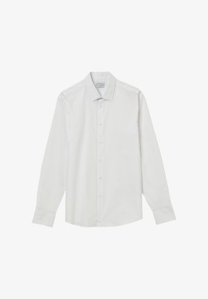 Camicia bianca a maniche lunghe con bottoni in tessuto leggero, dotata di colletto classico, chiusura frontale con bottoni e polsini con singolo bottone.