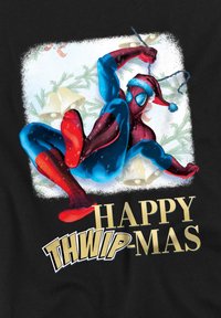 Spider-Man wearing a Santa hat swings on web with holiday bells and pine branches in the background, text "Happy Thwip-mas."