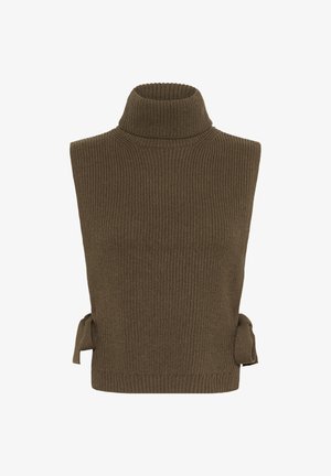 Top sin mangas de canalé marrón con detalles de lazo lateral, que presenta una tela texturizada y un diseño ajustado para una silueta estructurada.