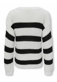 Maglione lavorato a maglia con strisce orizzontali bianche e nere. La trama è ampia e spessa, con polsini e orlo a coste. Vista posteriore mostrata.