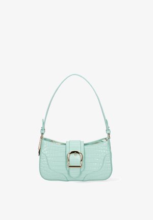 Borsa a tracolla in verde menta con motivo coccodrillo, dotata di una fibbia e una cerniera in tono oro. Presenta una tracolla singola e una finitura testurizzata.