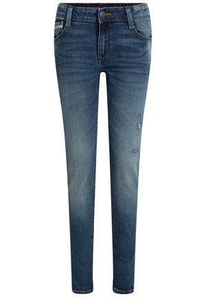 Blå denim skinny jeans med let falmning og slidte detaljer på lårene, knaplukning og fem-lomme design.