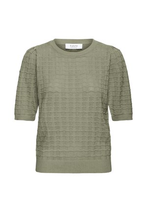 Haut en maille vert olive clair à manches courtes avec col rond et motif ondulé horizontal texturé sur toute la surface.