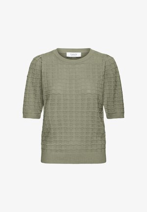 Haut en maille vert olive clair à manches courtes avec col rond et motif ondulé horizontal texturé sur toute la surface.