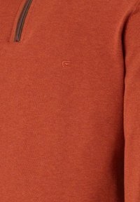 Halbzipper-pullover in rostorange mit dezentem gesticktem Logo auf der Brust, zeigt die Stoffstruktur und Reißverschluss-Details.