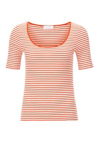 Striped t-shirt with orange and white horizontal stripes, ribbed texture, short sleeves, and a wide scoop neckline.