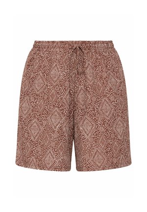 Braune Shorts mit weißen geometrischen Diamant- und Punktmustern, ausgestattet mit einem elastischen Bund und einem verstellbaren vorderen Kordelzug.