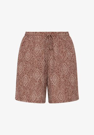 Brune shorts med hvide geometriske diamant- og prikmønstre, med elastisk taljebånd og justerbar snor foran.