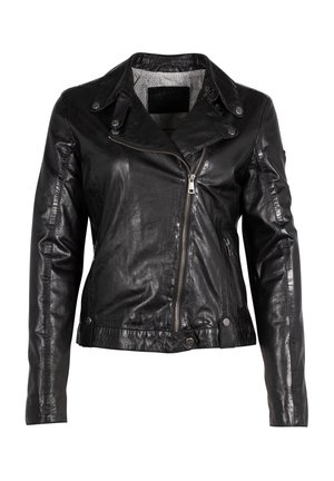 Giubbotto da motociclista in pelle nera con zip frontale, bottoni automatici e spalline. Presenta una texture liscia e un design aderente.