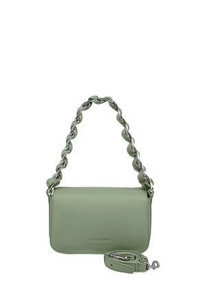 Green leather handbag with a rectangular shape, silver chain handle, and detachable shoulder strap. Smooth texture, minimalist design.