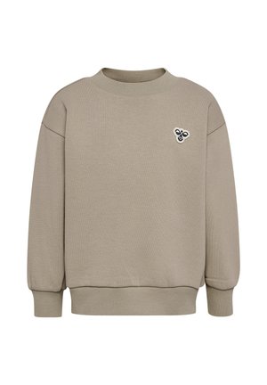Beige sweatshirt med rund hals, ribbede manchetter og kant, med et lille broderet bi-logo på venstre bryst. Ingen synlig person.