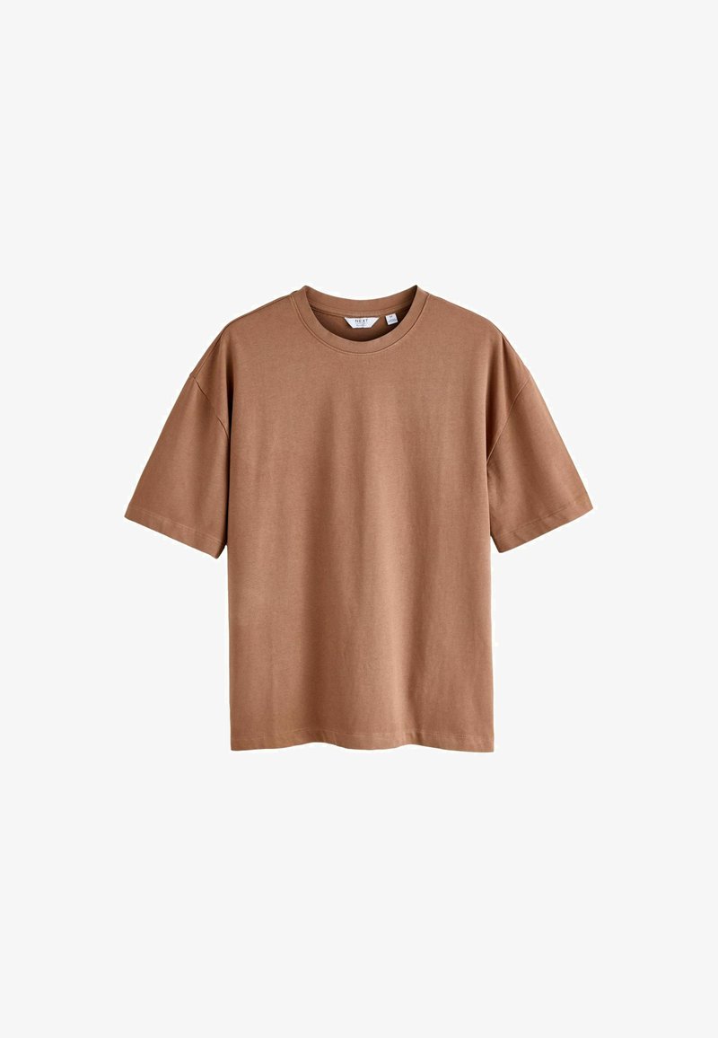 Brun kortærmet t-shirt lavet af blødt bomuldsstof. Har en rund halsudskæring og en afslappet pasform. Ingen synlige mønstre eller grafik.