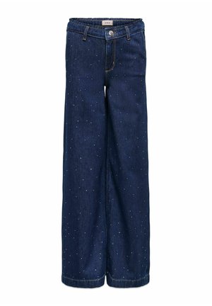 Donkerblauwe jeans met wijde pijpen, klein wit stippenpatroon, voorknop en riemlussen, weergegeven tegen een witte achtergrond.