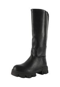 Stivaletto in pelle nera fino al ginocchio con un design elegante, suola in gomma spessa e dettagli testurizzati. Punta arrotondata con uno stile minimalista.