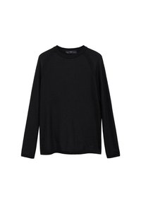 Črna majica z dolgimi rokavi, ribasto teksturo, okroglim izrezom in raglan rukavi. Ima subtilen znak ob robu.