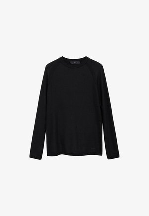 Schwarzes Langarmshirt mit geripptem Muster, Rundhalsausschnitt und Raglanärmeln. Mit einem dezenten Logo am Saum.