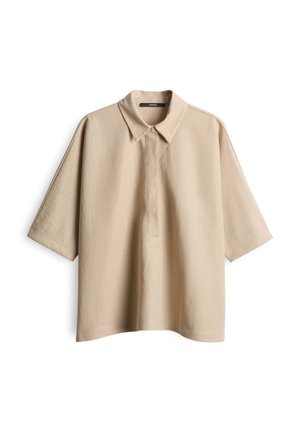 Beige short-sleeve collared shirt with a button placket, featuring a relaxed fit and smooth texture, suitable for casual wear.