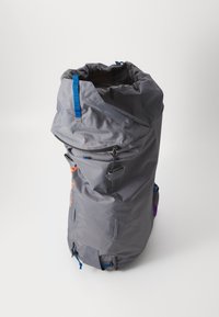Gray roll-top backpack made of weather-resistant fabric, featuring blue straps, a zipper pocket, and an orange logo on the front.