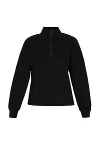 Felpa nera con colletto alto, zip frontale a metà, maniche raglan e polsini a coste. Tessuto morbido, vestibilità morbida.