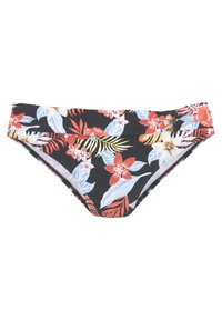 Cvečni bikini spodnji del z črnim ozadjem, ki ima rdeče in modre cvetove, zelene liste ter nabran pas. Gladka tekstura.