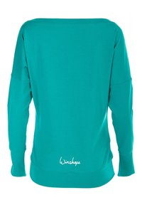 Türkisfarbener Langarmpullover aus weichem Stoff. Verfügt über einen weiten Ausschnitt, überschnittene Schultern und ein "Winshape"-Logo nahe dem Saum.