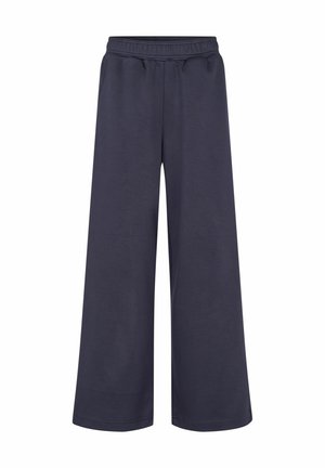 Bredde ben, mørk navy bukser i blødt stof med elastisk talje og ingen synlige lukninger. Glat tekstur med et enkelt design.