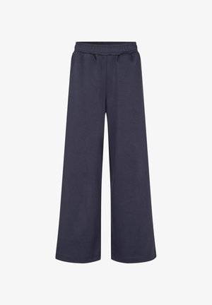 Weite, dunkelblaue Hose aus weichem Stoff mit elastischem Bund und ohne sichtbare Verschlüsse. Glatte Textur mit einem schlichten Design.