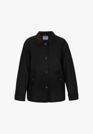 Melnas jakas ar brūnu kordūru apkakli un atbilstošiem aprocēm. Ar pogu aizdares priekšpusi un divām priekšējām kabatām. Izgatavota no gludas auduma.