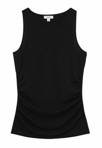 Schwarzes ärmelloses Top aus weichem Stoff mit einer figurnahen Silhouette, das seitliche Raffungen und einen runden Ausschnitt aufweist.