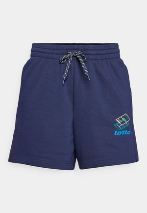 Navy blue athletic shorts with an elastic waistband, drawstring with green and blue accents, and a multicolored Lotto logo on the side.