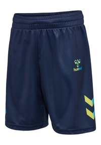 Granatowe sportowe spodenki z elastycznym pasem, żółto-niebieskim logo pszczoły hummel na prawej udzie oraz żółto-niebieskimi paskami w kształcie chevronu na lewej nodze.