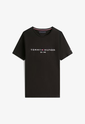 Black short-sleeve T-shirt with "Tommy Hilfiger EST. 1985" text and small red, white, and blue flag logo centered on chest.