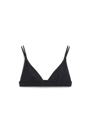 Schwarzer, dreieckiger Bralette mit dünnen Trägern, aus weichem Stoff gefertigt. Das Design verfügt über ein breites Band unter der Brust und minimale Nähte.