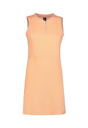 Robe sans manches en tissu pêche doux, avec un col haut, un devant zippé avec un tirage circulaire et des panneaux latéraux texturés.