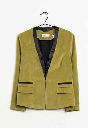 Olive green velvet blazer with black satin lapel and pocket accents. Features a single zipper closure and structured fit. Hangs on a black hook.
