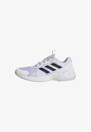 White athletic shoe with black accent stripes, mesh upper, padded collar, and textured rubber sole. Features a pull tab on the heel.