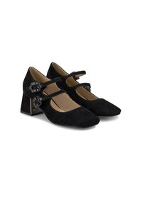 Scarpe Mary Jane in suede nero con punta quadrata, due cinturini e fibbie decorative, dotate di un tacco spesso e trasparente.