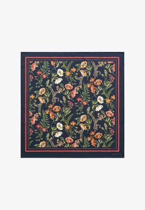 Navyfarbener quadratischer Schal mit roten Rändern, der ein Muster aus orangefarbenen, weißen und roten Blumen mit grünen Blättern und Stängeln zeigt.