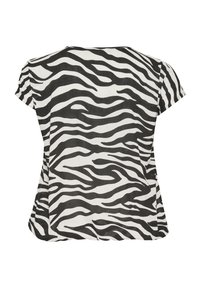 Top a maniche corte con un motivo a righe zebra bianco e nero, dal taglio ampio e colletto rotondo, realizzato in un tessuto leggero.
