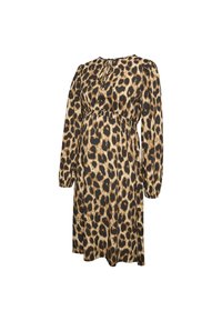 Vestido de estampado de leopardo en tonos marrón y negro, con mangas largas, cuello redondo y una cinturilla elástica para un ajuste cómodo.