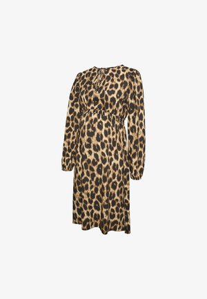 Lāču raksta kleita brūnā un melnā krāsā, ar garām piedurknēm, apaļu kakla izgriezumu un elastīgu jostasvietu, lai nodrošinātu brīvu piegulšanu.