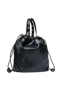 Bolso de drawstring de cuero negro con acentos dorados, con asas cortas y una textura suave. Logo impreso en la parte frontal.