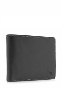 Zwarte leren portemonnee met een gladde textuur, gestikte randen en een klein reliëflogo. Compacte rechthoekige vorm met een minimalistisch ontwerp.