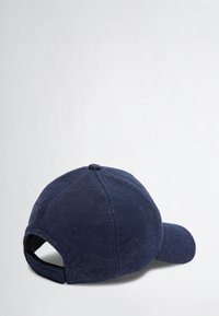 Navy blue baseball cap with a curved brim, textured fabric, and adjustable strap at the back. Features stitching details on the crown.