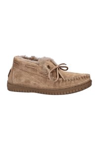 Suède mocassin pantoffel in lichtbruin. Zachte faux fur voering, ronde neus en vetersluiting. Gestructureerde rubberen zool met grippatronen.