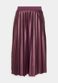 Gonna midi plissettata realizzata in tessuto lucido di un profondo colore bordeaux. Presenta una ampia vita elastica e pieghe verticali per un effetto texture.