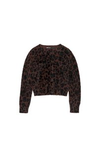Cárdigan de piel de leopardo marrón con mangas largas, escote redondo y cierre de botón. Tejido suave y texturizado con manchas negras contrastantes.