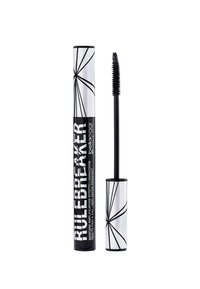 Tubetto di mascara "Rulebreaker" in bianco e nero con design geometrico, dotato di un applicatore a scovolino con setole folte.