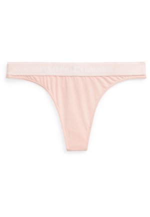Rosa String-Tanga-Unterwäsche mit gerippter Struktur. Verfügt über einen weichen Bund mit dem eingeprägten Schriftzug "POLO RALPH LAUREN" in Weiß. Dünne Seitenträger.